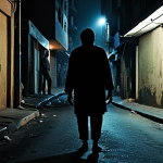**Image:** A dimly lit street scene in Hillbrow at night. A lone figure is nervously glancing around while being approached by shadowy figures. Focus on the sense of vulnerability and urban danger.