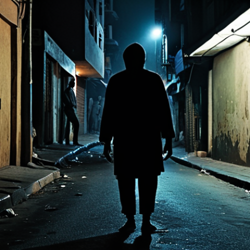 Home 4 **Image:** A dimly lit street scene in Hillbrow at night. A lone figure is nervously glancing around while being approached by shadowy figures. Focus on the sense of vulnerability and urban danger.