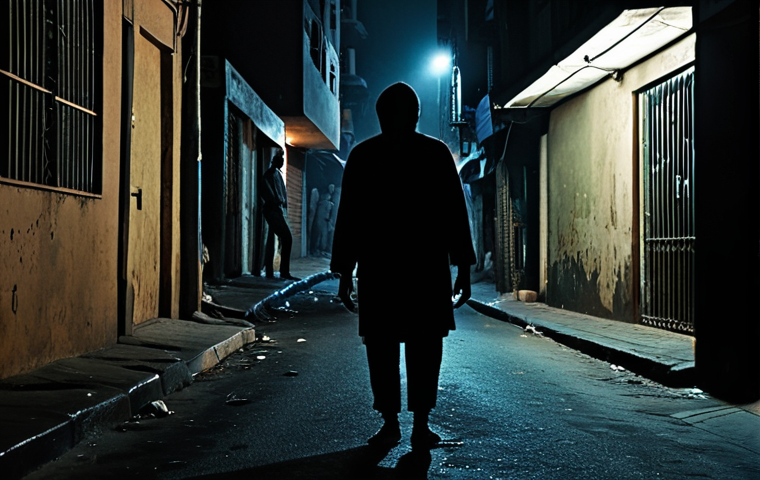 **Image:** A dimly lit street scene in Hillbrow at night. A lone figure is nervously glancing around while being approached by shadowy figures. Focus on the sense of vulnerability and urban danger.